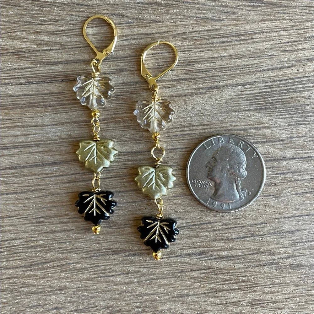 HAND CRAFTED FALLING LEAVES DANGLE EARRINGS Gold Black Clear Autumn Cottagecore